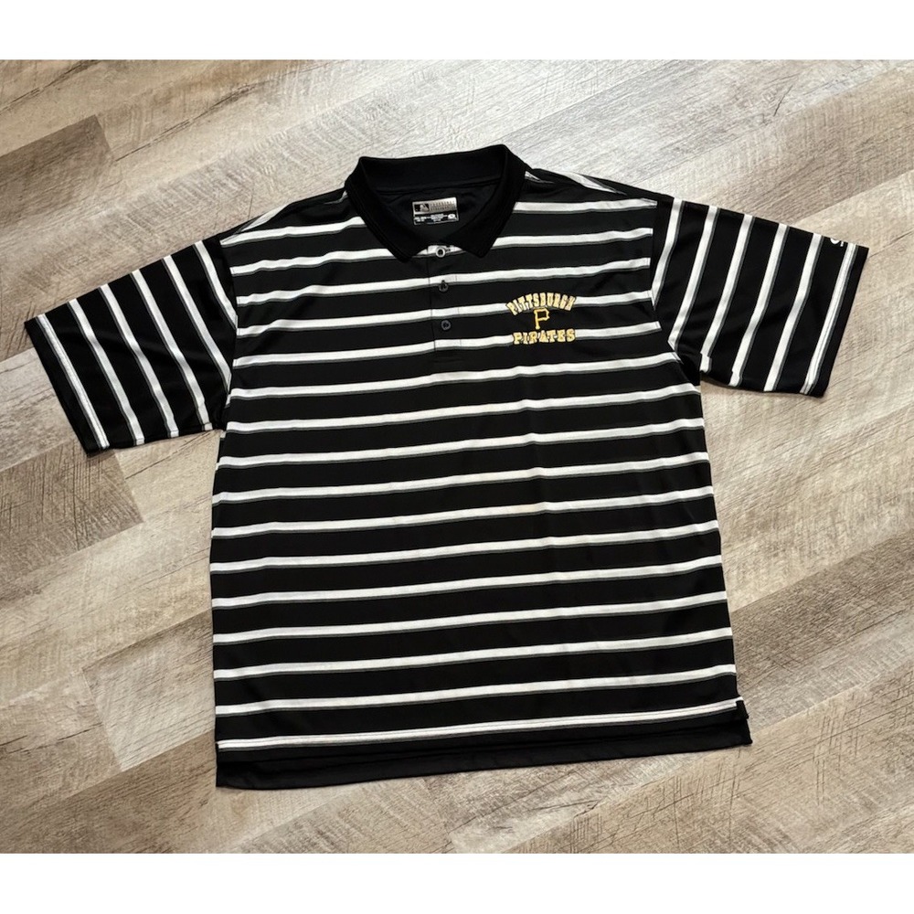 True Fan Genuine Merchandise Pittsburgh Pirates Polo Black Striped Shirt Sz 2XL